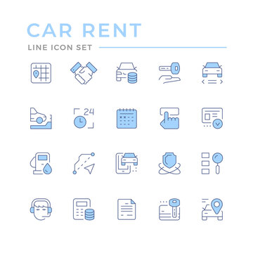 Set color line icons of car rent