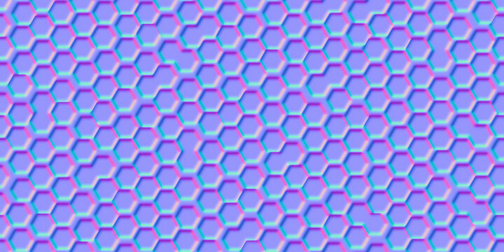 Normal map seamless pattern of uneven honeycomb simple seamless pattern. Bump mapping of irregular hive cell texture. Hexagon geometry material 3d shader illustration