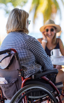 woman in wheelchair from behind, having coffee with another woman