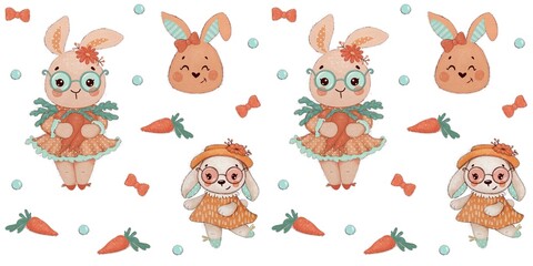 Naklejka premium Seamless pattern with cute cartoon rabbit girls and with carrots and bows. Easter bunny. Whimsical bunny character. Childish print 