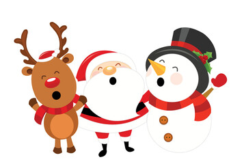 Cute Santa, Reindeer And Snowman Celebrating Christmas