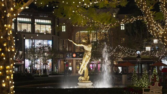 Water fountain and statue of a man at night 