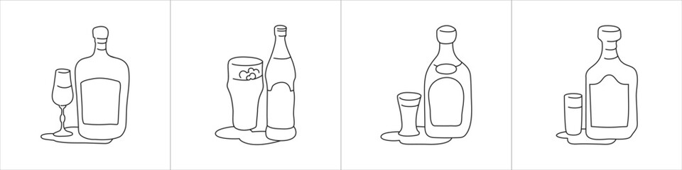 Liquor beer tequila rum bottle and glass outline icon on white background. Black white cartoon sketch graphic design. Doodle style. Hand drawn image. Party drinks concept. Freehand drawing style