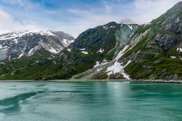 A view along the sides of Glacier Bay, Alaska in summertime