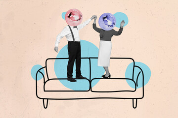 Composite collage picture of two excited people black white colors stand painted sofa hold arms...