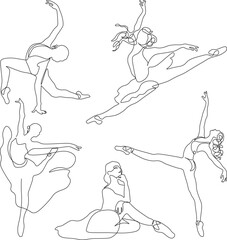 Ballerina silhouette ballet dance poses. One single line drawing sexy woman ballerina vector illustration. Minimalist pretty ballet dancers show dance motion concept. 