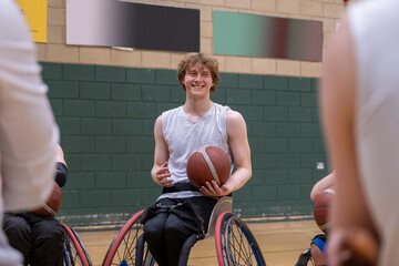 Smiling male basketball player in wheelchair