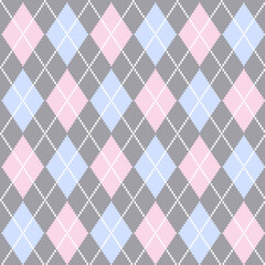 Seamless argyle check pattern in pink, light blue and gray with white stitch. Vector geometric background