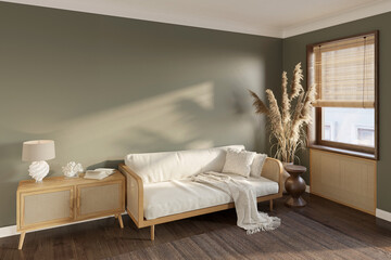 Cozy room with sunlight on a blank green wall, lamp with decor on a wooden sideboard near a white sofa with rattan armrests, large spikelets in a clay vase near a window with bamboo blinds. 3d render