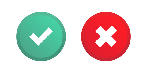 Green tick symbol and red cross sign in a circle. Icons for evaluation and testing. Check mark and X mark icon vector.
