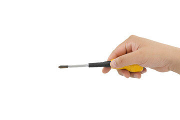 Man hand holding cross reset head screwdriver on transparent background, Png file