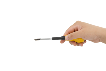 Man hand holding cross reset head screwdriver on transparent background, Png file
