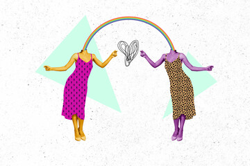Photo artwork minimal picture of two woman female girl bodies connected colorful rainbow isolated...