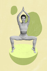 Vertical collage picture of cheerful girl black white gamma practicing yoga isolated on drawing...