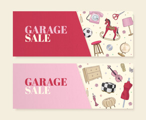 Garage sale concept illustration. Set of garage promotional sale horizontal banners with hand drawn vintage telephone, lamp, mannequin. Vector illustration