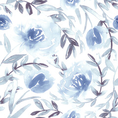 Seamless watercolor floral pattern in flax blue and grey.  - 522762202