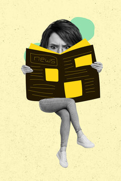 Vertical collage illustration of black white colors person arms hold read newspaper huge head read about war in Ukraine