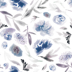 Seamless watercolor floral pattern in navy blue and gray. - 522762406