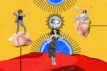 Collage 3d image of pinup pop retro sketch of funny funky ladies having fun together isolated...