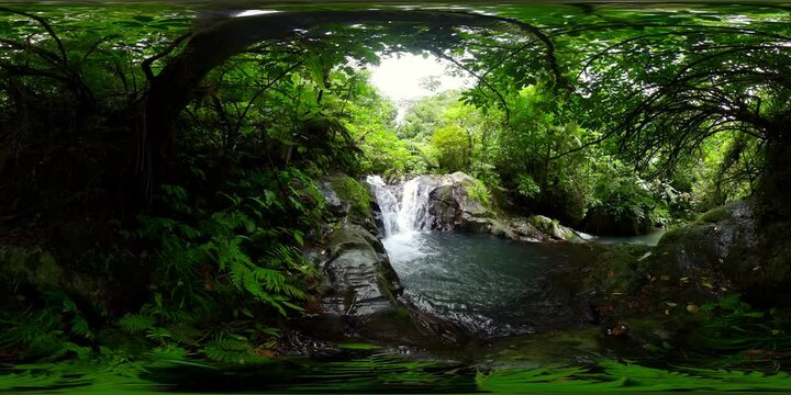 Small waterfall and river in tropical forest and jungle. Negros, Philippines. VR 360.
