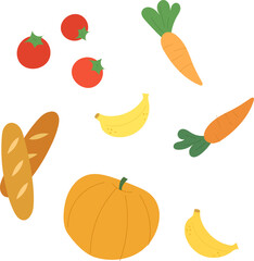 Set of grocery stuffs. Tomato, carrot, banana, baguette bread and pumpkin. 