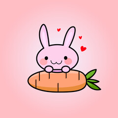 Little funny rabbit with fresh carrot icon character logo mascot vector illustration.