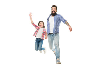 Obraz premium Jump high and love your family. Happy family. Family of father and little daughter jumping with joy. Bearded man and small girl child celebrating family day together