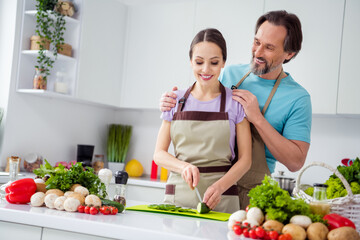 Fototapeta Portrait of two idyllic positive people embrace chopping fresh healthy vegetables kitchen indoors obraz