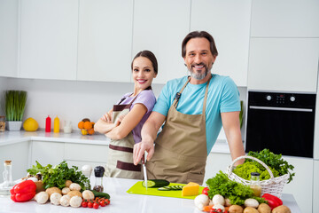 Fototapeta Portrait of two positive satisfied people crossed arms chopping fresh cucumber kitchen indoors obraz