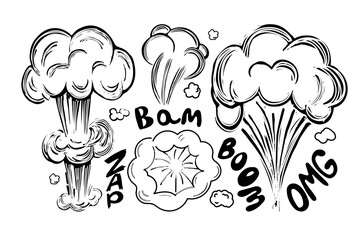 Hand-drawn doodle blast, bomb element. Hand-drawn inscription. Omg, boom, bam, zap. Comic sketch style. Sketch. Explosive bubble. Vector illustration.