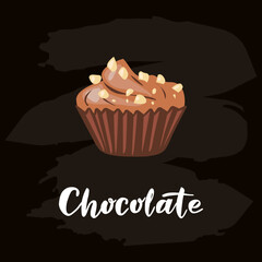 Chocolate candy with cream and nut crumbs. Lettering. Vector illustration on a black background, for a banner, advertising, packaging, shop