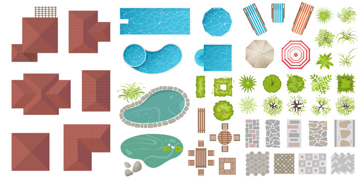 Set of Architectural and Landscape elements top view. Collection of houses, plants, garden, trees, swimming pool, outdoor furniture, pond, tile. Flat vector. Tables, benches, chairs. View from above