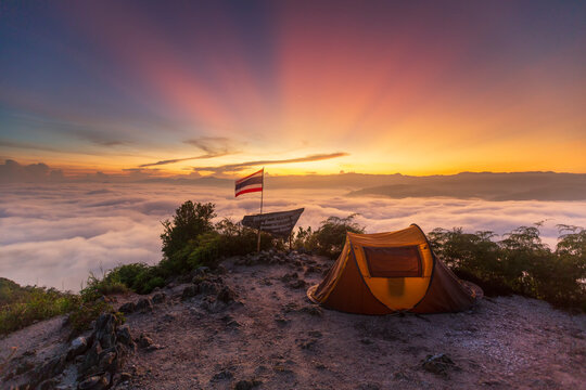 Sea of Mist, beautiful mist with the mountains during sunrise time Gunung Silipat peaks located in Yala province south Thailand