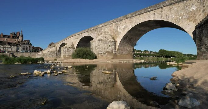Gien, Loiret department, France. Low level in the Loire river during a dryness season.