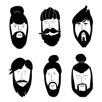 Set of trendy and stylish bearded men, hipsters with different haircuts and beards. Silhouettes, emblems, badges, labels. Vector illustration in doodle style.