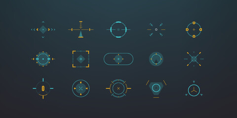 HUD aim control frames. Sniper round square targets UI, futuristic focus point sight, game technology design. Vector set © Studio Cantath