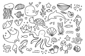 Sea line doodle icons. Hand drawn minimal underwater aquarium symbols, seashell fish algae shell sketchy art. Vector set