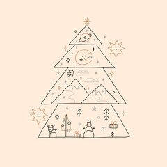 chritmas tree. doodle line vector illustration