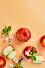 Sliced, whole  red apple and flowers a flat lay on a pastel orange background, Fruits and flowers, sping concept. Top view