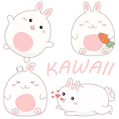 Set of kawaii rabbits. Cute bunnies character with different emotions. Stock vector illustration, eps 10