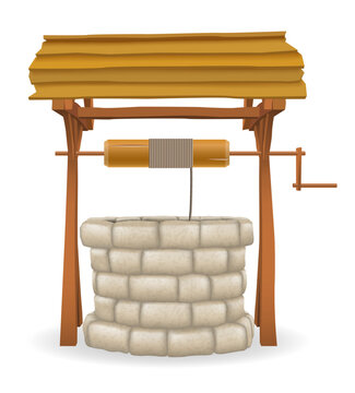 stone water well with wooden roof vector illustration