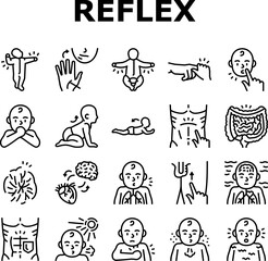 Reflex Of Human Neurology System Icons Set Vector. Cremasteric And Gastrocolic, Asymmetrical Tonic Neck And Palmar Grasp Reflex. Muscular Defense And Photic Sneeze Black Contour Illustrations