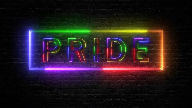 Lgbt concept.Animation of neon sign on the wall with Pride text with lgbt flag colors.gay pride flag.Flag symbol of freedom, peace, and equality. Lesbian, gay, bisexual, transgender, and queer Lgbtq.