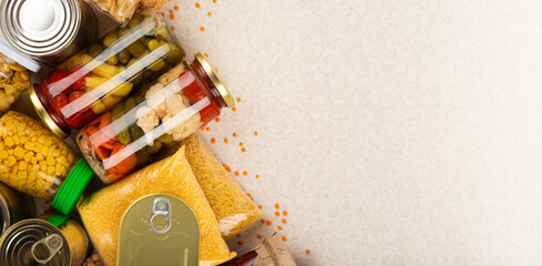 Emergency groceries food background with copyspace