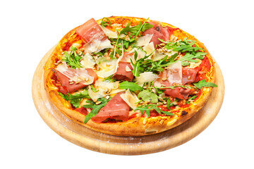 Pizza with dry cured ham, parmesan cheese, rocket leaves and pine nuts on wooden platter isolated...
