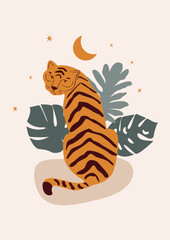 Sitting chinese tiger in boho asian style. Minimalistic scene. Modern cartoon flat tiger print. Stock vector illustration. © Anna