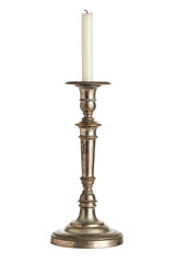 Antique silver candlestick with white candle isolated with transparent background - 522768859