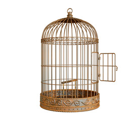 Vintage style metal bird cage with door open isolated on white background