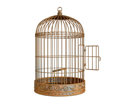 Vintage style metal bird cage with door open isolated on white background