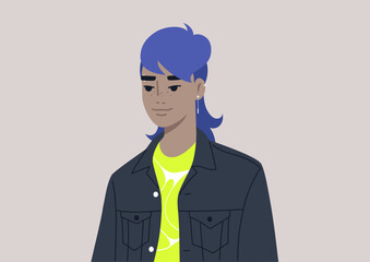 A young stylish character with blue hair wearing a trendy mullet haircut